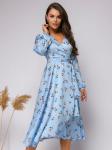 ***Платье голубое с цветочным принтом длины миди с запахом