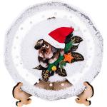 135-5256 ТАРЕЛКА СТЕКЛЯННАЯ ДЕКОРАТИВНАЯ НА ПОДСТАВКЕ ДИАМЕТР 150. РИСУНОК: СИМВОЛ ГОДА: СОБАКА В ШАПКЕ, РУЧН