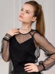 Блуза черная с мягким фатином в горох и длинными рукавами