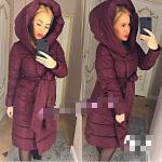 Болоневое пальто с капюшоном и пояском бордо T124