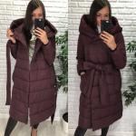 Болоневое пальто с капюшоном и пояском бордо T124