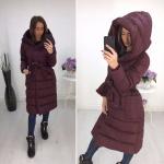 Болоневое пальто с капюшоном и пояском бордо T124