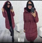 Болоневое пальто с капюшоном и пояском бордо T124