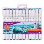 *Маркеры для скетчинга двусторонние BRAUBERG ART DEBUT "WHITE" , НАБОР 12 шт, морские цвета, 152135