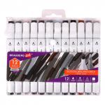 *Маркеры для скетчинга двусторонние BRAUBERG ART DEBUT "WHITE", НАБОР 12 шт, серые цвета, 152136