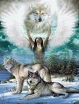 Ангел с белыми крыльями и волки на снегу