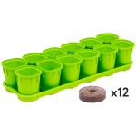 "Ingreen" Горшок для рассады пластмассовый "Smart Solution" 200мл, набор 12шт, с поддоном 42х14х8см, с торфяными таблетками, многоразовый, фисташковый (Россия)