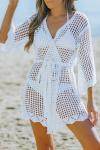 Белая сетчатая пляжная накидка крупной вязки с завязкой на талии