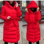 Болоневое пальто с капюшоном и пояском красное T124