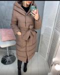 Болоневое пальто с капюшоном и пояском каппучино T124