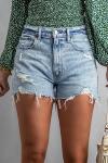 Голубые джинсовые шорты с завышенной талией и бахромой