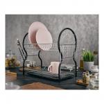 Cушилка для посуды 2-ярусная LUCIA, с поддоном и держателями для стаканов и столовых приборов, черная, 52х24.5х40 см