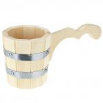 Ковш для бани деревянный 1л, д25 см, h15 см, горизонтальная ручка 21 см, двойная металлическая обвязка, липа (Россия)