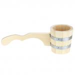 Ковш для бани деревянный 1л, д25 см, h15 см, горизонтальная ручка 21 см, двойная металлическая обвязка, липа (Россия)