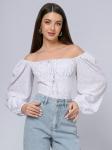 Блуза белая с принтом укороченная с вырезом каре и пышными рукавами