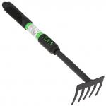 "Чибис" Грабли прямые 5 зубые, 40х8,5х7см, сталь А3, окрашенная, цвет - черный матовый, цветная металлическая, прорезиненная ручка, с отверстием для подвешивания, цвет - зеленый (Китай)