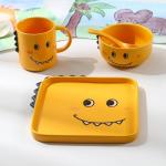 Набор детской посуды из керамики «Дино», 4 предмета: блюдо 19,5*20,5 см, миска 350 мл, кружка 350 мл, ложка, цвет жёлтый
