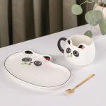 Чайная пара керамическая с ложкой «Панда», 2 предмета: кружка 180 мл, блюдце, рисунок МИКС