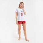 Комплект домашний женский "Котенок в стакане" (футболка/шорты), цвет белый/красный, размер 44