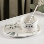 Чайная пара керамическая «Котик», 3 предмета: чашка 200 мл, блюдце 18,5*13,5 см, ложка