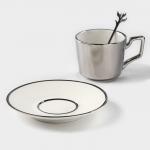 Кофейная пара керамическая «Серебро», 3 предмета: чашка 200 мл, блюдце d=14 см, ложка h=12,5 см, цвет серебряный