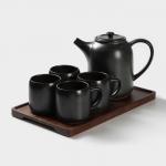 Набор керамический чайный Loft, 6 предметов: чайник 1 л, 4 кружки 250мл, поднос 33*20 см, цвет чёрный