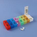 Таблетница-органайзер «Неделька», с таблеторезкой, съёмные ячейки, утро/вечер, 20 * 7,5 * 2,5 см, 7 контейнеров по 2 секции, разноцветная
