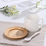 Чайная пара керамическая с ложкой BellaTenero, 3 предмета: чашка 220 мл, ложка, деревянное блюдце, цвет белый