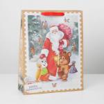 Пакет крафтовый вертикальный «Дедушка мороз и зверята», L 31 * 40 * 11.5 см