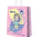 Love is. Пакет подарочный большой мятный с розовым, 220*310*100 мм.