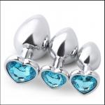 Анальная пробка Оки- Чпоки, серебряная, кристалл голубой, в форме сердца, D = 28 мм