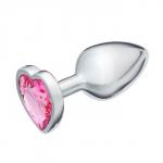 Анальная пробка Оки- Чпоки, серебряная, кристалл розовый, в форме сердца, D = 28 мм