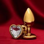 Анальная пробка Оки- Чпоки, золотая, кристалл прозрачный, в форме сердца, D = 28 мм