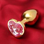 Анальная пробка Оки- Чпоки, золотая, кристалл розовый, в форме сердца, D = 28 мм