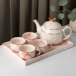 Набор керамический чайный «Мрамор», 6 предметов: чайник 800 мл, 4 кружки 170 мл, поднос 31*21*2,5 см, цвет розовый