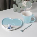 Кофейная пара керамическая «Мишка с сердцем», 3 предмета: кружка 200 мл, блюдце 15,5*15*8 см, ложка, цвет голубой