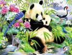 Две панды отдыхают среди бамбука