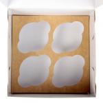 Кондитерская складная коробка для капкейков с окном на 4 шт, крафт 16 х 16 х 10 см