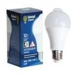 Светодиодная лампа Uniel, LED-A60-12W, 12 Вт, 4000 K, E27,PLS10WH, датчик освещенности, движ