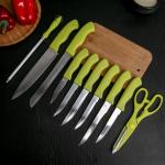 Набор ножей кухонных на подставке, 8 ножей, ножеточка, ножницы, цвет зелёный