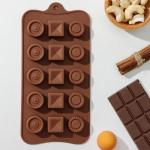 Форма для шоколада Доляна «Кружочки, квадратики», силикон, 21,5_10,4_1,5 см, 15 ячеек, цвет коричневый