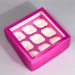 Коробка для капкейков, кондитерская упаковка с окном, 9 ячеек «Розовая», 25 х 25 х 10 см