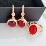 Комплект ювелирной бижутерии коллекция Дубай серьги и кольцо покрытие позолота вставка красный янтарь