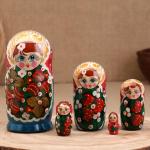 Матрёшка "Ягодка", синий платок, красное платье, 5-кукольная, 16 см