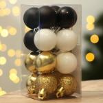 Ёлочные шары новогодние, на Новый год, пластик, d=3 см, 16 шт., цвет чёрный, золотой, белый
