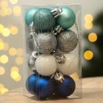 Ёлочные шары новогодние, на Новый год, пластик, d=3 см, 16 шт., цвет синий, серебристый, голубой и белый