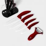 Набор кухонный на подставке «Изгиб», 4 предмета: 3 ножа, овощечистка, + нож в подарок, цвет красный