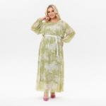 Платье длинное из шифона, мятное, принт "лилии"