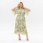 Платье с воланами по юбке из шифона, мятное, принт "лилии"