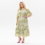 Платье с воланами по юбке из шифона, мятное, принт "лилии"